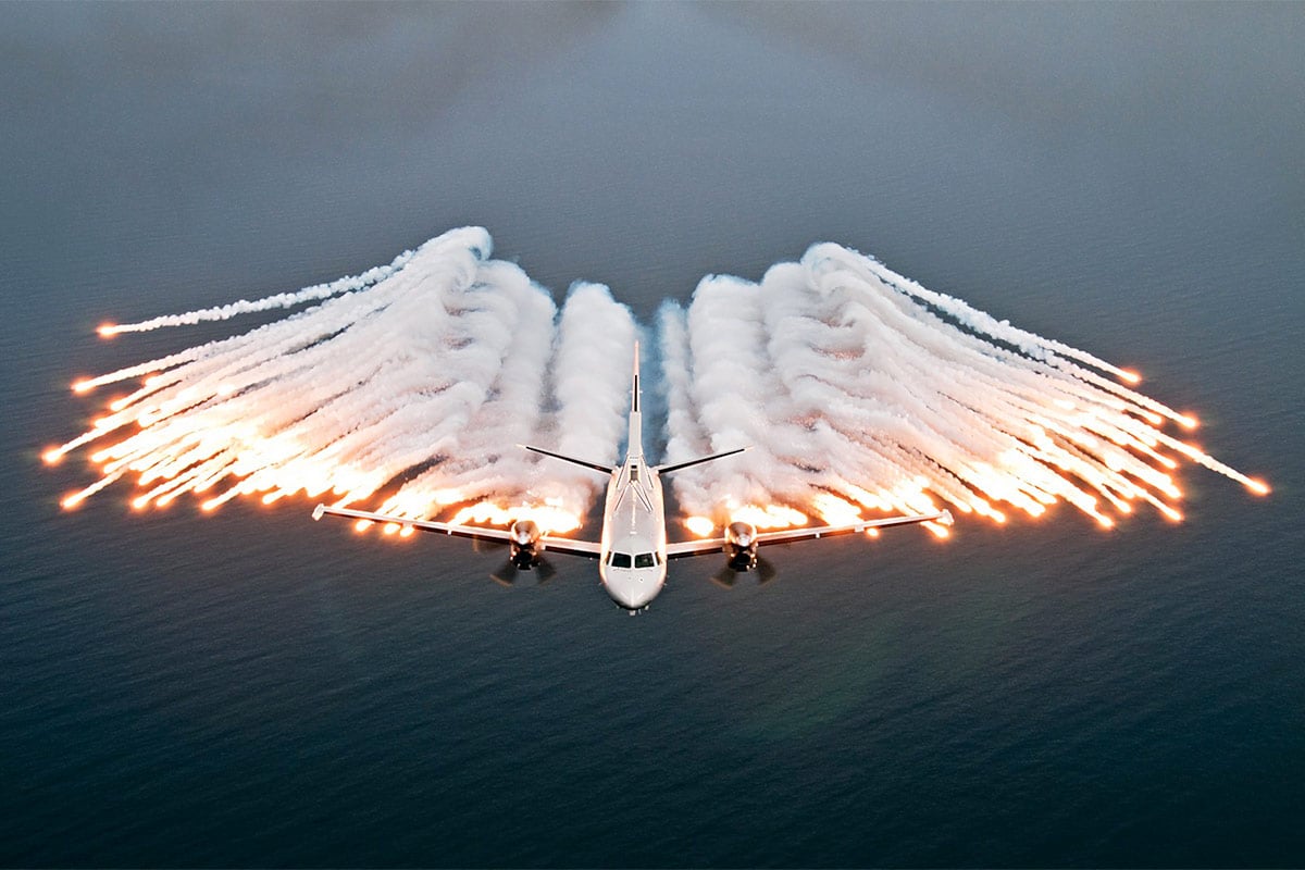 Saab 2000 Erieye in the air, ejecting flares