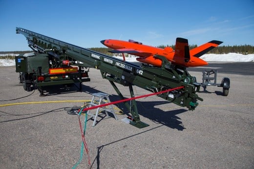 An orange coloured target drone FireJet on the launcher