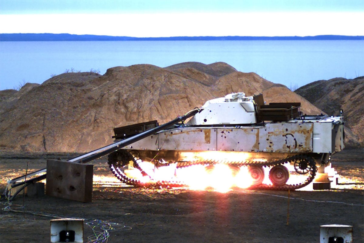 A CV 90 in test of mine protection