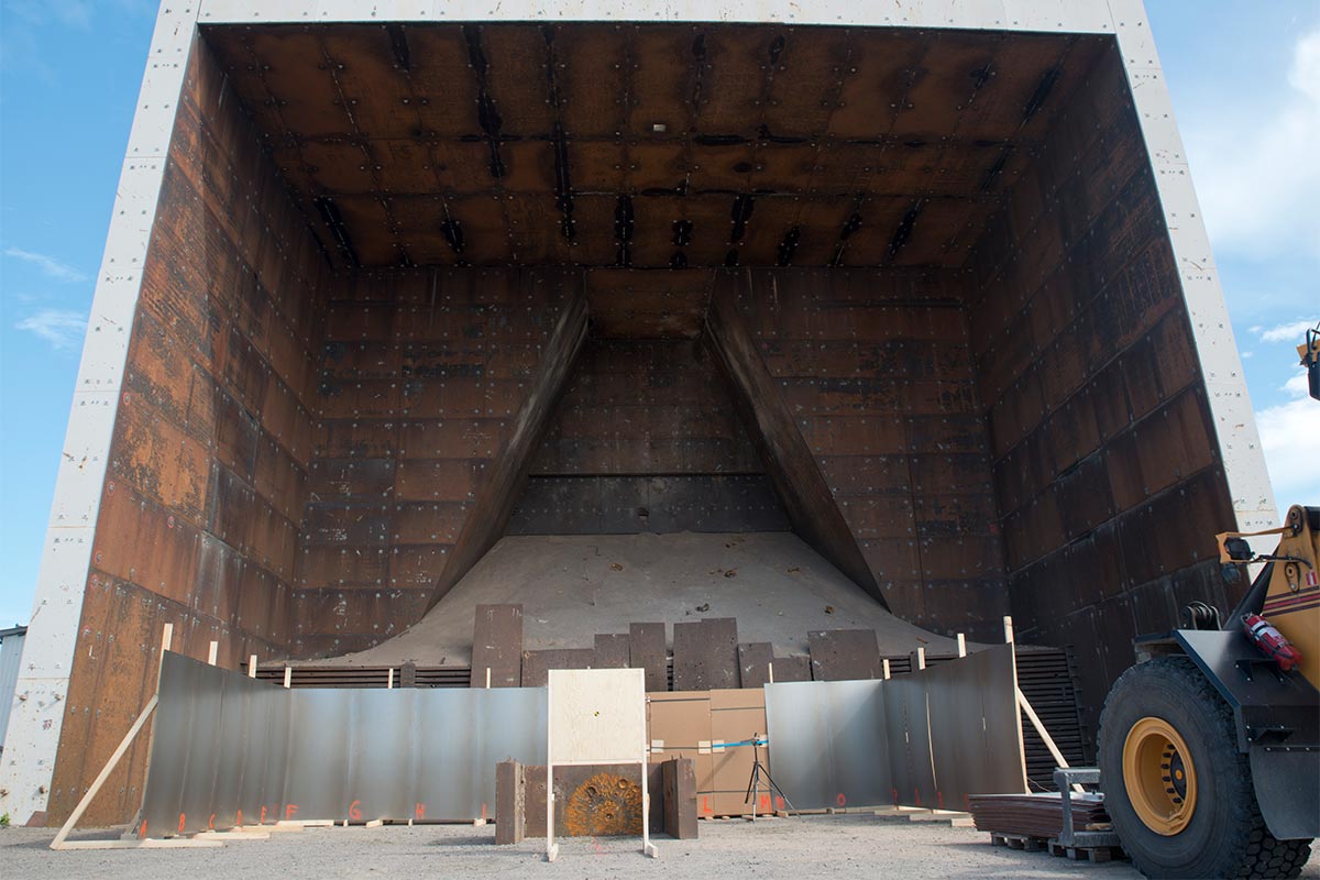 Karlsborg catch box with armoured plates for testing erected inside