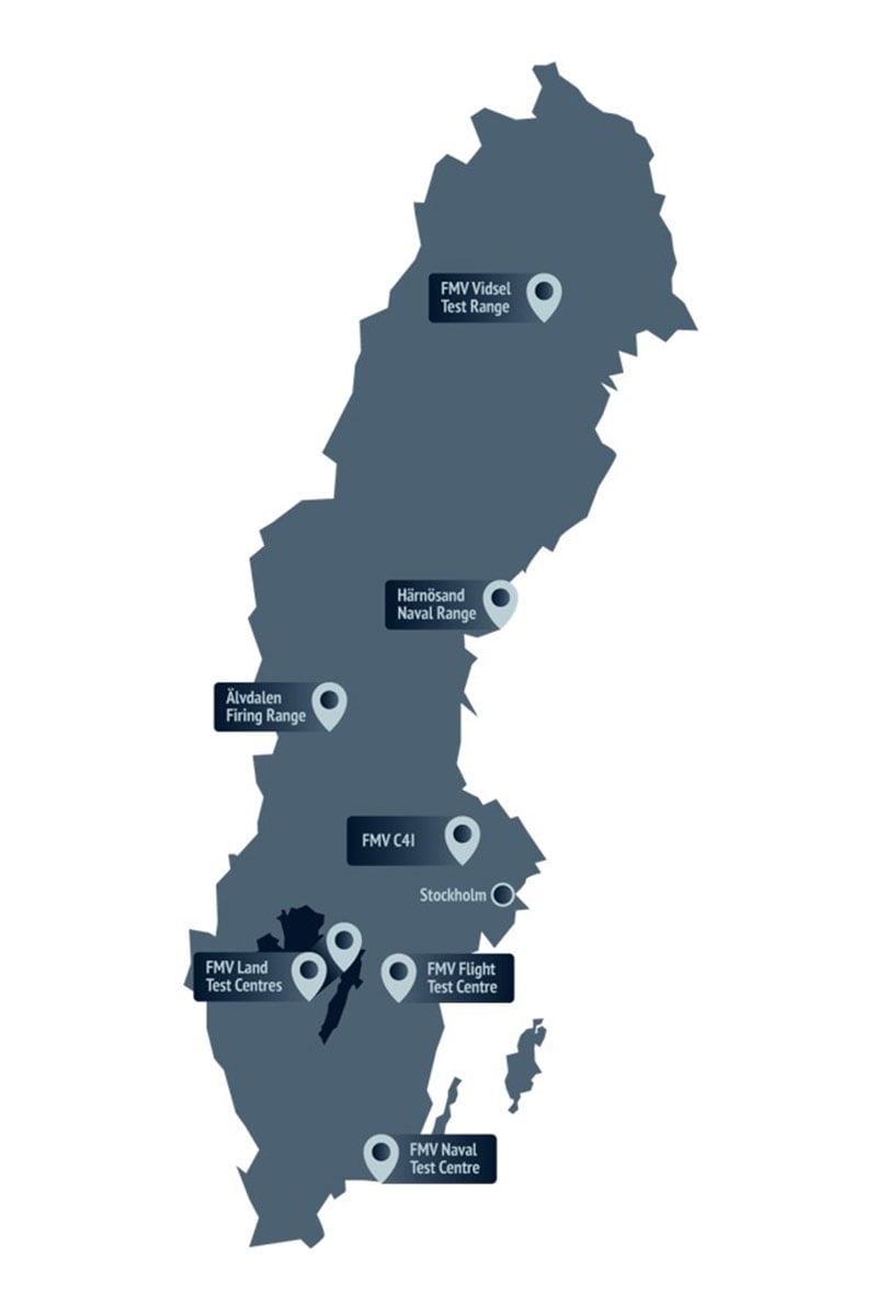 Map of Sweden showing the location of all eight FMV test ranges and test centres throughout the country