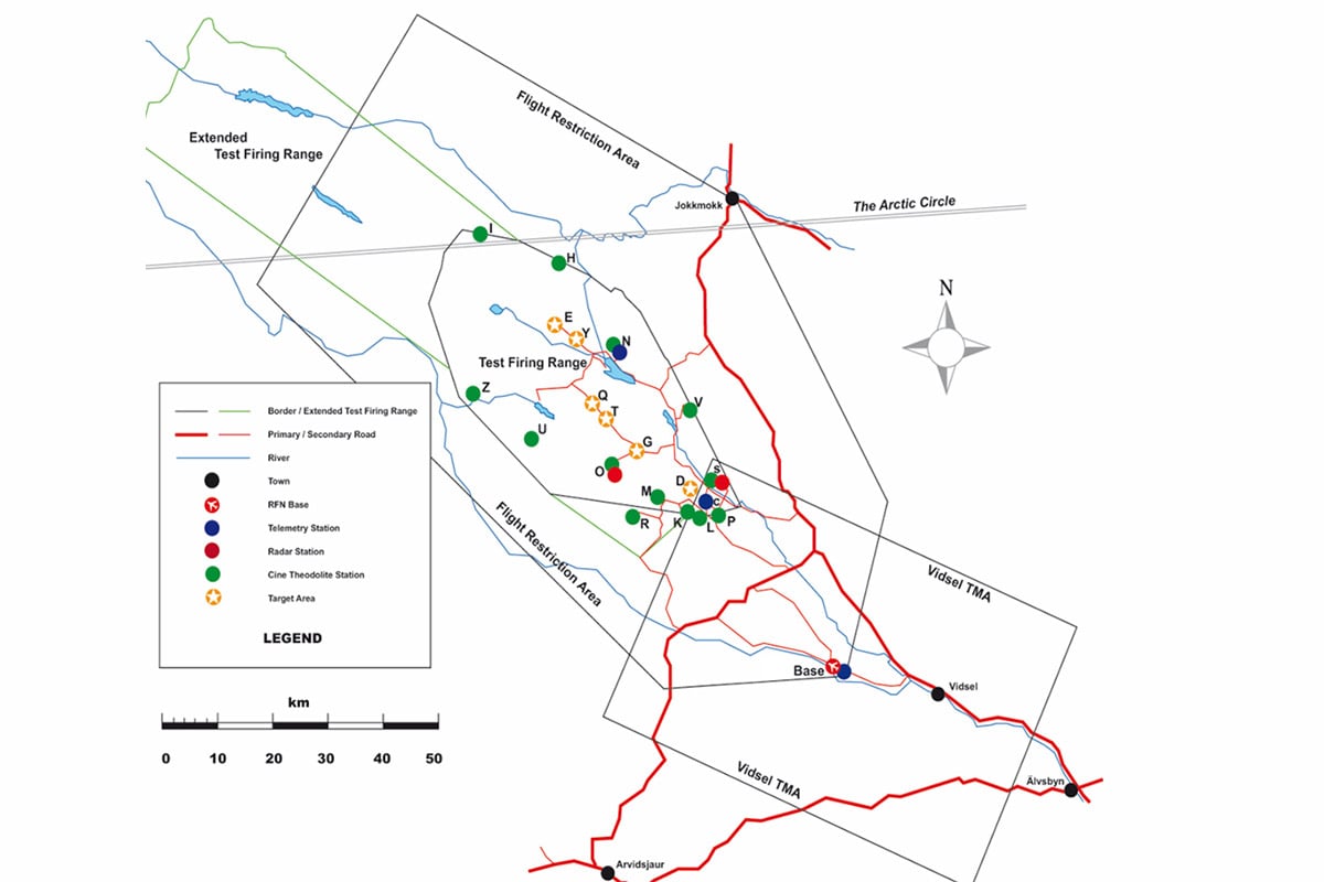 Schematic map showing the infrastructure at Vidsel Test Range