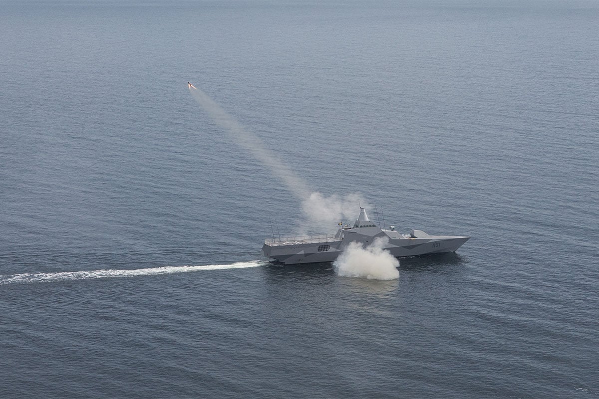 Visby corvette at sea firing RBS15-missile